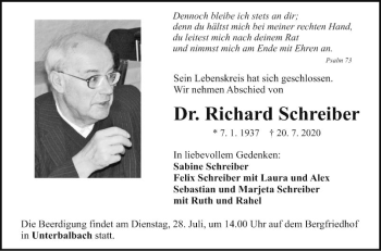 Traueranzeige von Richard Schreiber von Fränkische Nachrichten