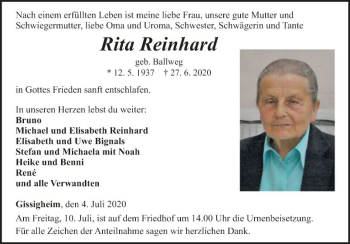 Traueranzeige von Rita Reinhard von Fränkische Nachrichten