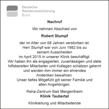 Traueranzeige von Robert Stumpf von Fränkische Nachrichten