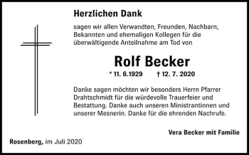 Traueranzeige von Rolf Becker von Fränkische Nachrichten