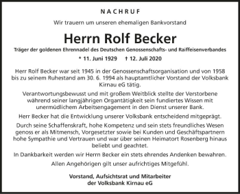 Traueranzeige von Rolf Becker von Fränkische Nachrichten