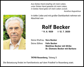 Traueranzeige von Rolf Becker von Fränkische Nachrichten