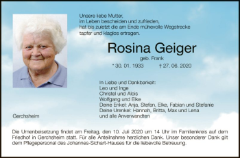 Traueranzeige von Rosina Geiger von Fränkische Nachrichten