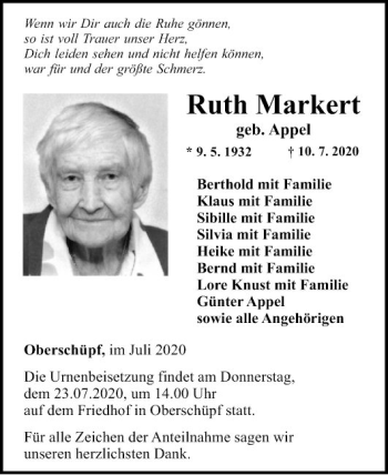 Traueranzeige von Ruth Markert von Fränkische Nachrichten