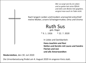 Traueranzeige von Ruth Sus von Fränkische Nachrichten