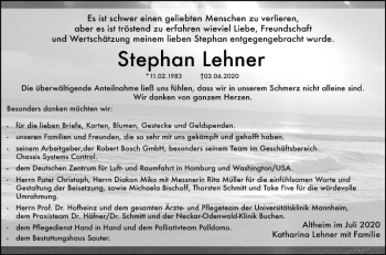 Traueranzeige von Stephan Lehner von Fränkische Nachrichten