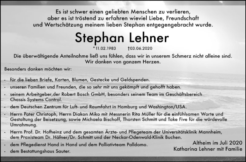  Traueranzeige für Stephan Lehner vom 18.07.2020 aus Fränkische Nachrichten