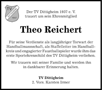 Traueranzeige von Theo Reichert von Fränkische Nachrichten