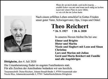 Traueranzeige von Theo Reichert von Fränkische Nachrichten