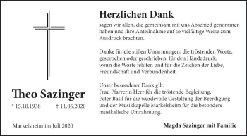 Traueranzeige von Theo Sazinger von Fränkische Nachrichten