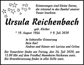 Traueranzeige von Ursula Reichenbach von Mannheimer Morgen