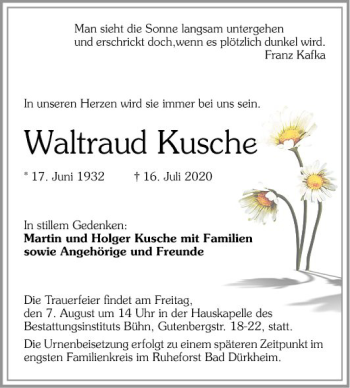 Traueranzeige von Waltraud Kusche von Mannheimer Morgen