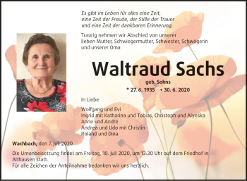 Traueranzeige von Waltraud Sachs von Fränkische Nachrichten