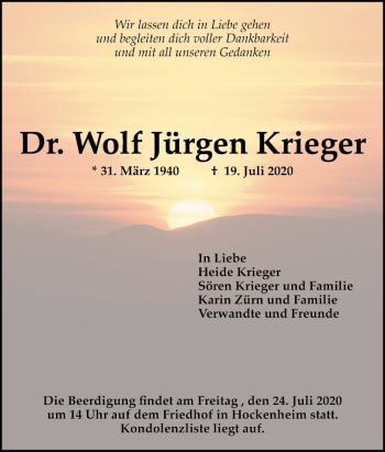 Traueranzeige von Wolf Jürgen Krieger von Schwetzinger Zeitung