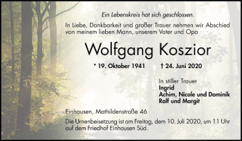 Traueranzeige von Wolfgang Koszior von Bergsträßer Anzeiger