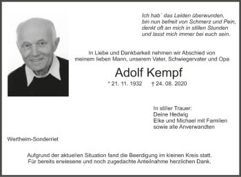 Traueranzeige von Adolf Kempf von Fränkische Nachrichten