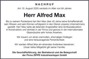 Traueranzeige von Alfred Max von Fränkische Nachrichten