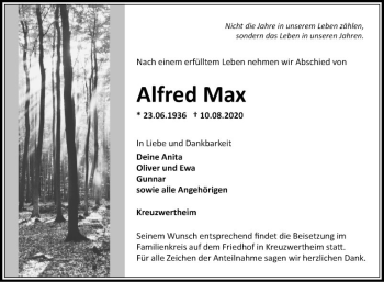 Traueranzeige von Alfred Max von Fränkische Nachrichten