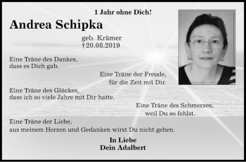 Traueranzeige von Andrea Schipka von Fränkische Nachrichten