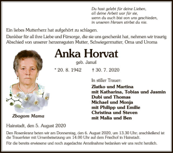 Traueranzeige von Anka Horvat von Fränkische Nachrichten