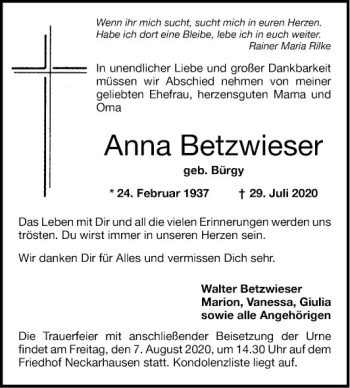 Traueranzeige von Anna Betzwieser von Mannheimer Morgen