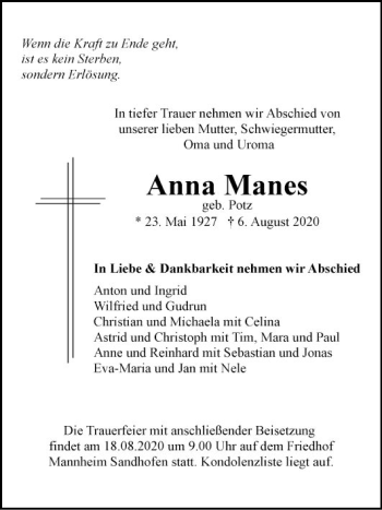 Traueranzeige von Anna Manes von Mannheimer Morgen