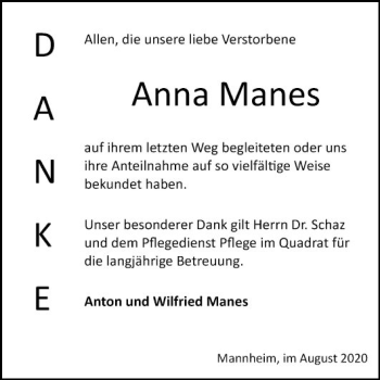 Traueranzeige von Anna Manes von Mannheimer Morgen