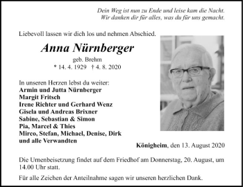 Traueranzeige von Anna Nürnberger von Fränkische Nachrichten