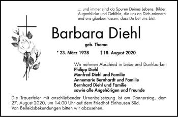 Traueranzeige von Barbara Diehl von Bergsträßer Anzeiger