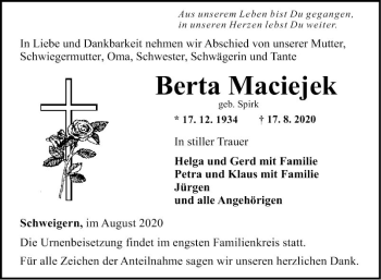 Traueranzeige von Berta Maciejek von Fränkische Nachrichten