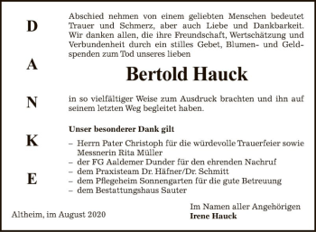 Traueranzeige von Bertold Hauck von Fränkische Nachrichten