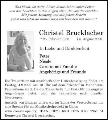 Traueranzeige von Christel Brucklacher von Mannheimer Morgen