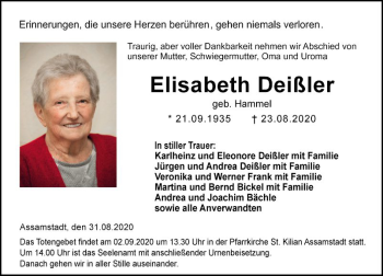 Traueranzeige von Elisabeth Deißler von Fränkische Nachrichten