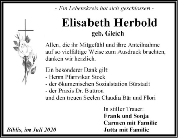 Traueranzeige von Elisabeth Herbold von Südhessen Morgen