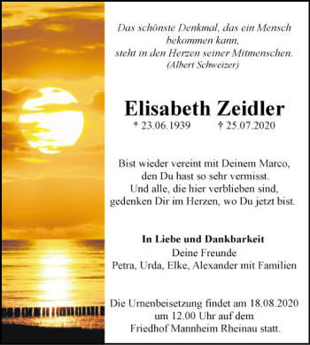 Traueranzeige von Elisabeth Zeidler von Mannheimer Morgen