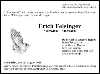 Traueranzeige von Erich Felsfinger von Fränkische Nachrichten