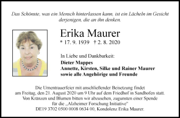 Traueranzeige von Erika Maurer von Mannheimer Morgen