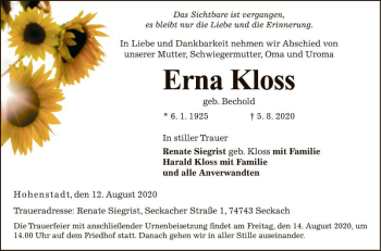 Traueranzeige von Erna Kloss von Fränkische Nachrichten