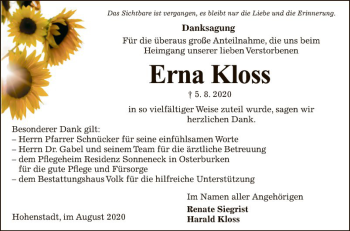 Traueranzeige von Erna Kloss von Fränkische Nachrichten