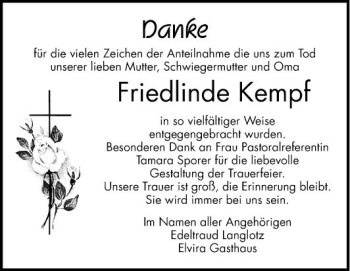 Traueranzeige von Friedlinde Kempf von Mannheimer Morgen