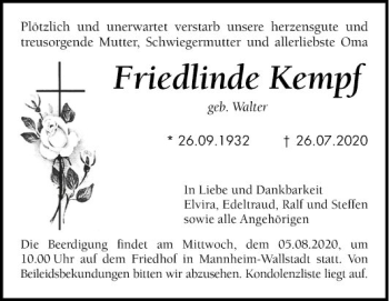 Traueranzeige von Friedlinde Kempf von Mannheimer Morgen