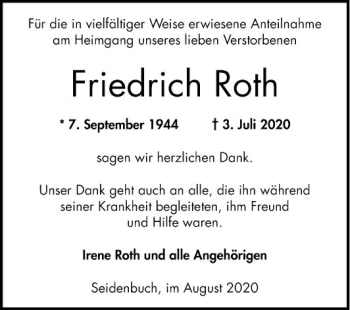 Traueranzeige von Friedrich Roth von Bergsträßer Anzeiger