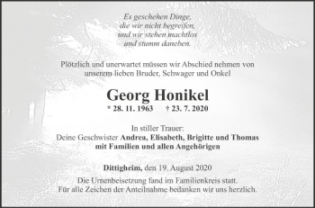 Traueranzeige von Georg Honikel von Fränkische Nachrichten