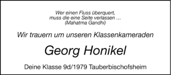 Traueranzeige von Georg Honikel von Fränkische Nachrichten