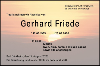 Traueranzeige von Gerhard Friede von Mannheimer Morgen