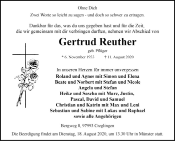 Traueranzeige von Gertrud Reuther von Fränkische Nachrichten