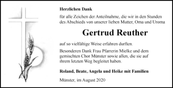 Traueranzeige von Gertrud Reuther von Fränkische Nachrichten