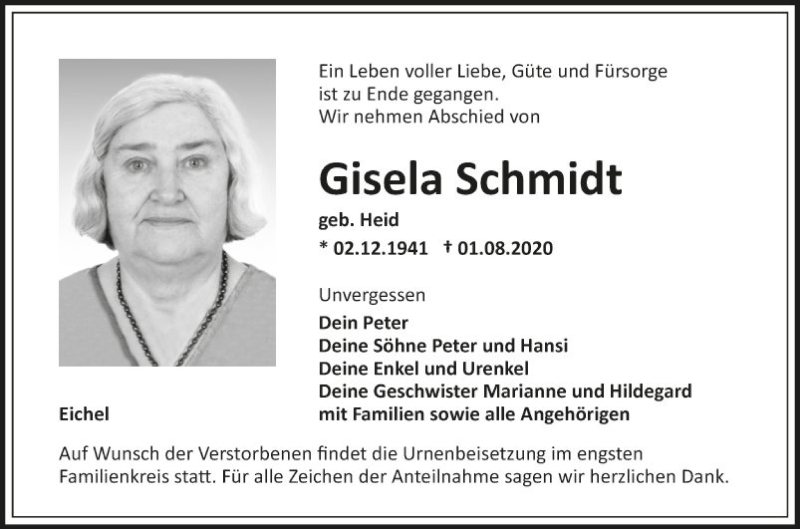 Traueranzeigen von Gisela Schmidt | Trauerportal Ihrer Tageszeitung
