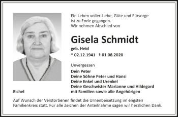 Traueranzeige von Gisela Schmidt von Fränkische Nachrichten