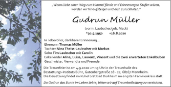 Traueranzeige von Gudrun Müller von Mannheimer Morgen